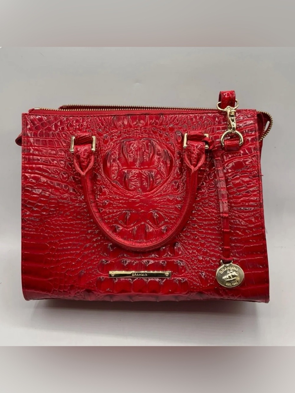‼️Brahmin Anywhere Convertible Embossed Red Leather Satchel Crossbody Bag - Picture 2 of 15